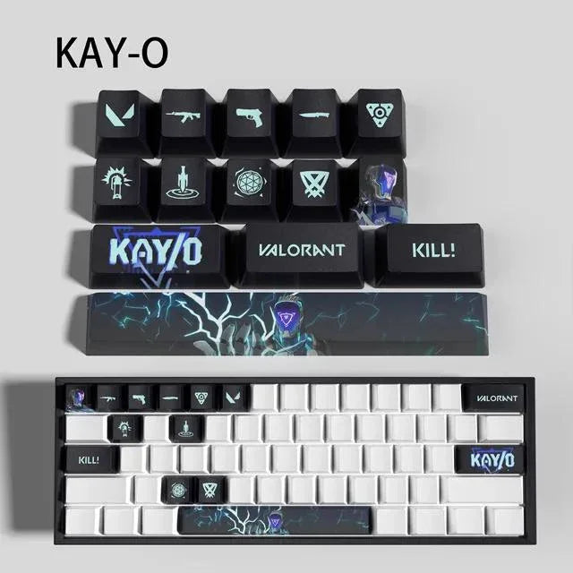 Conjunto com 14 keycaps Valorant em PBT, compatíveis com switches mecânicos. Cores vibrantes, alta durabilidade e inclui barra de espaço e removedor.