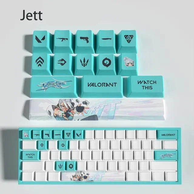 Conjunto com 14 keycaps Valorant em PBT, compatíveis com switches mecânicos. Cores vibrantes, alta durabilidade e inclui barra de espaço e removedor.