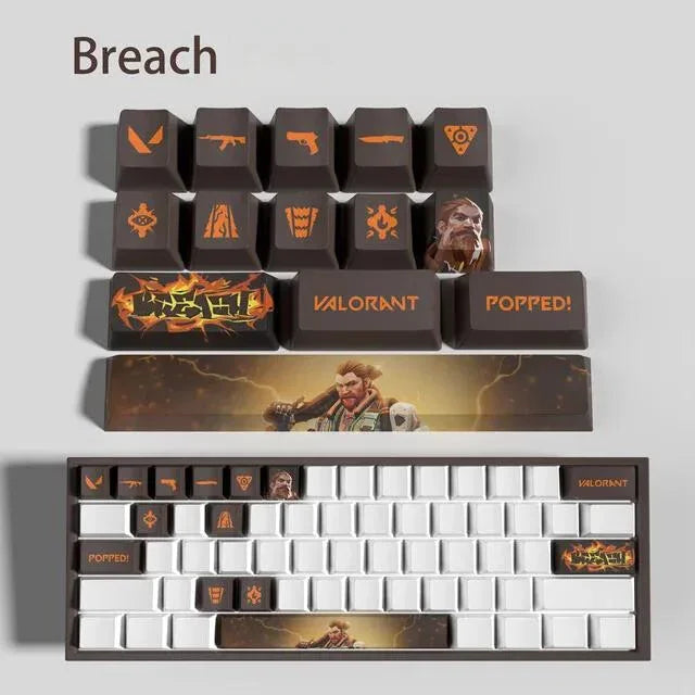Conjunto com 14 keycaps Valorant em PBT, compatíveis com switches mecânicos. Cores vibrantes, alta durabilidade e inclui barra de espaço e removedor.