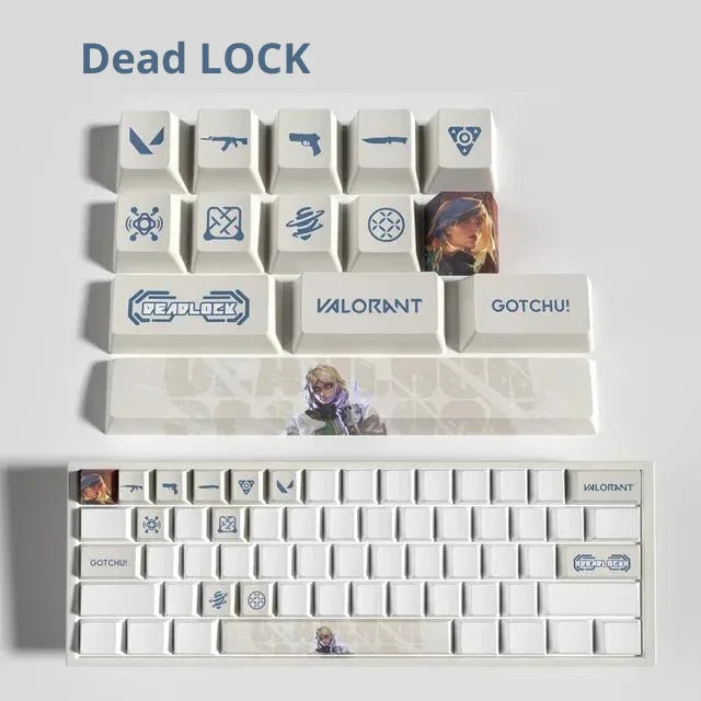 Conjunto com 14 keycaps Valorant em PBT, compatíveis com switches mecânicos. Cores vibrantes, alta durabilidade e inclui barra de espaço e removedor.