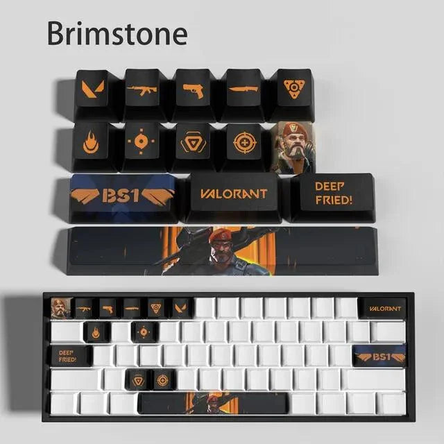 Conjunto com 14 keycaps Valorant em PBT, compatíveis com switches mecânicos. Cores vibrantes, alta durabilidade e inclui barra de espaço e removedor.