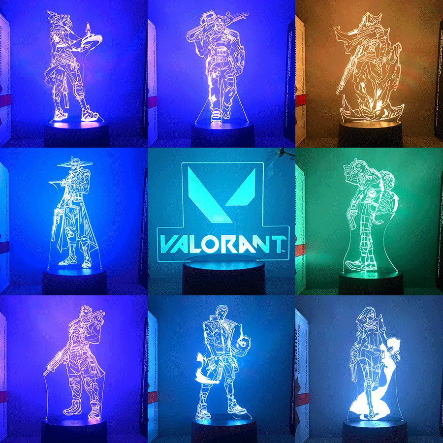 Luminária Valorant com base, cabo e controle remoto. Presente ideal para fãs do jogo. Potência 0-5W, voltagem 5V. Decore com estilo e confiança!