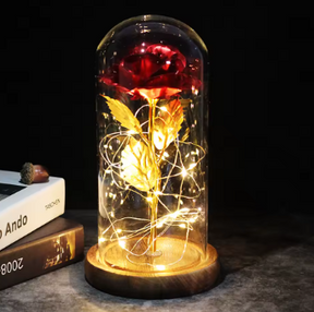 Rosa Cristal Bela e a Fera com Led + Cúpula de Vidro Verdadeiro