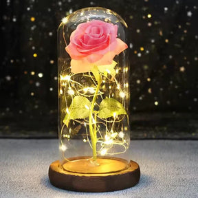 Rosa Cristal Bela e a Fera com Led + Cúpula de Vidro Verdadeiro
