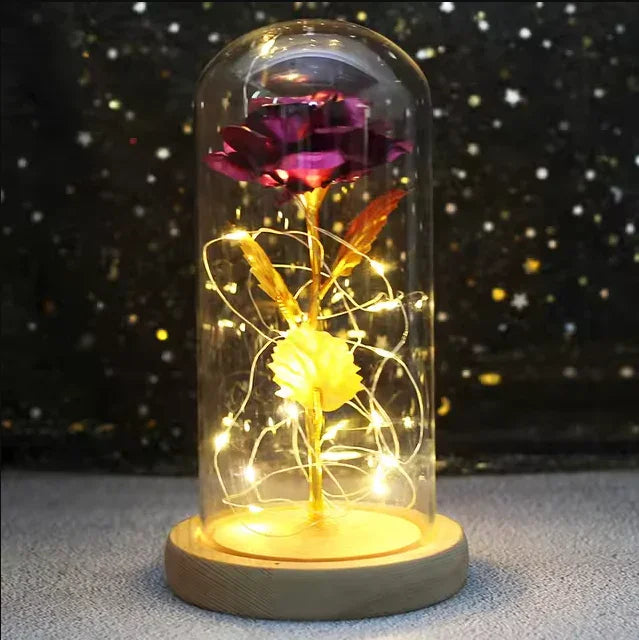 Rosa Cristal Bela e a Fera com Led + Cúpula de Vidro Verdadeiro