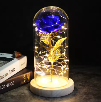 Rosa Cristal Bela e a Fera com Led + Cúpula de Vidro Verdadeiro