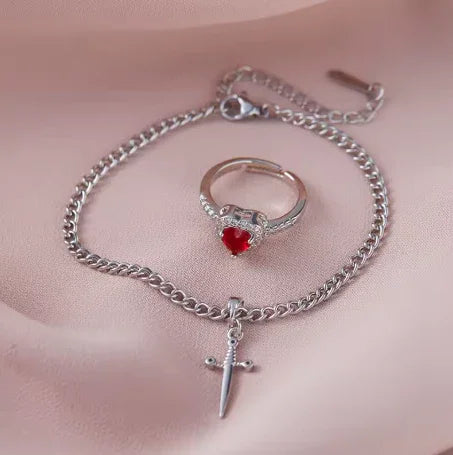 Conjunto Casal Anel Ajustável Coração + Pulseira espada banhados em prata 925