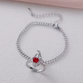 Conjunto Casal Anel Ajustável Coração + Pulseira espada banhados em prata 925