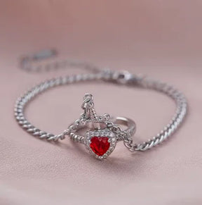 Conjunto Casal Anel Ajustável Coração + Pulseira espada banhados em prata 925