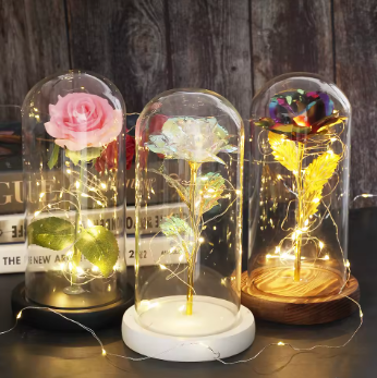 Rosa Cristal Bela e a Fera com Led + Cúpula de Vidro Verdadeiro
