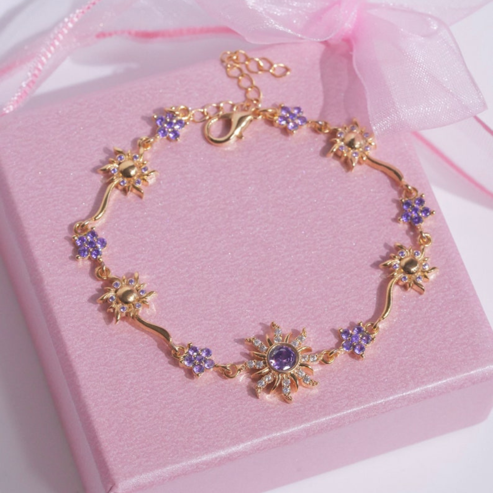 Pulseira Rapunzel Girassol Roxo Com Caixa